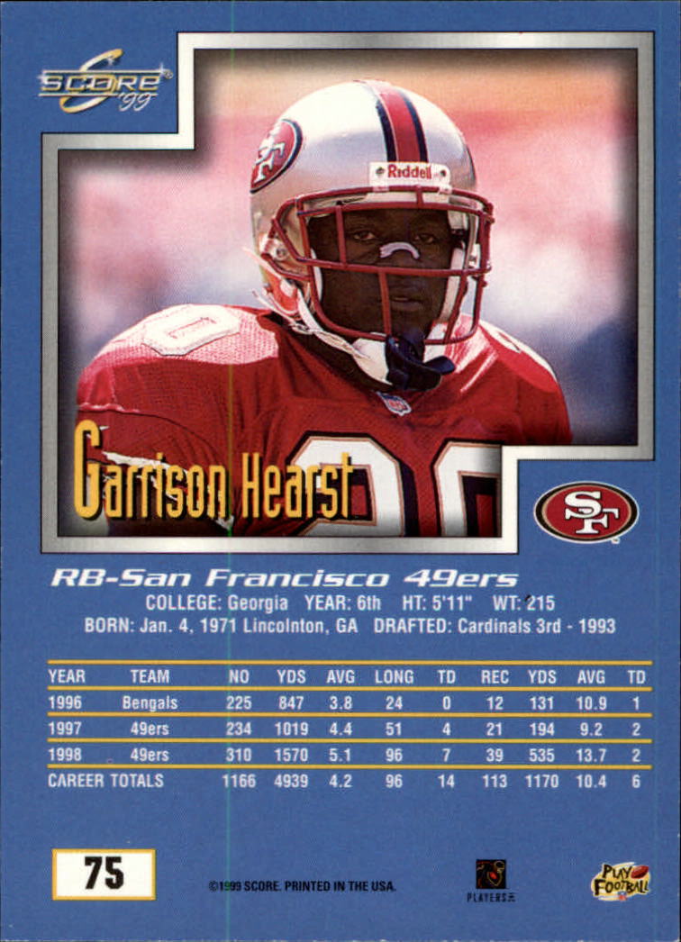 1999 Score #75 Garrison Hearst back image
