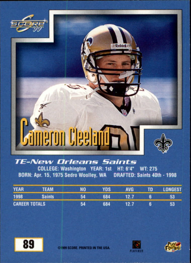 1999 Score #89 Cam Cleeland back image