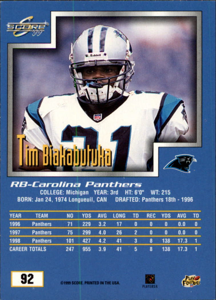 1999 Score #92 Tim Biakabutuka back image