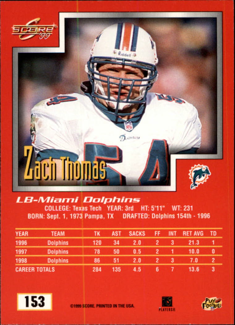1999 Score #153 Zach Thomas back image