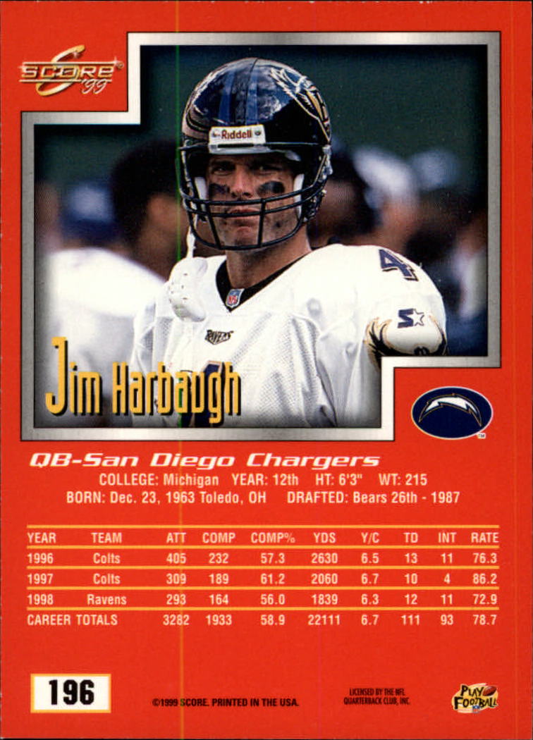 1999 Score #196 Jim Harbaugh back image