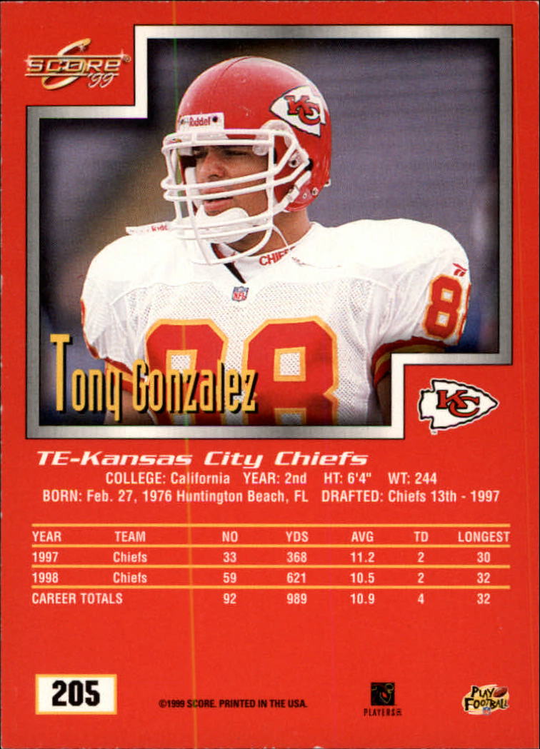 1999 Score #205 Tony Gonzalez back image