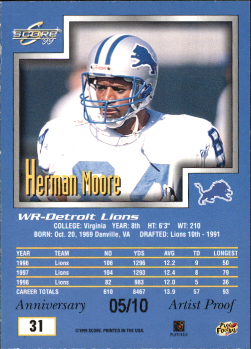 1999 Score Artist's Proofs #31 Herman Moore back image