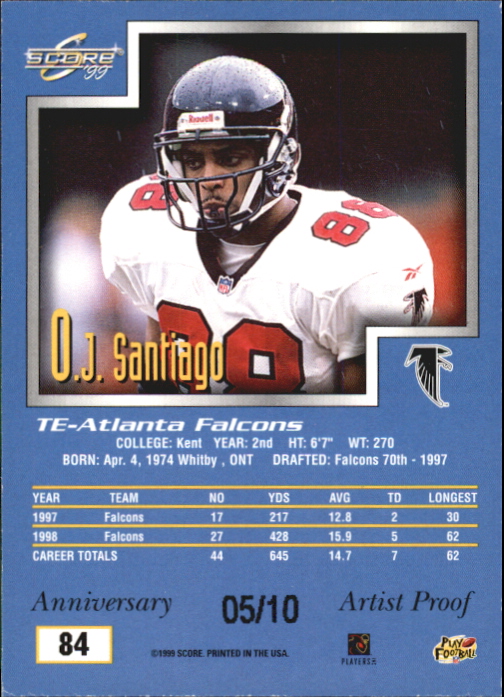 1999 Score Artist's Proofs #84 O.J. Santiago back image