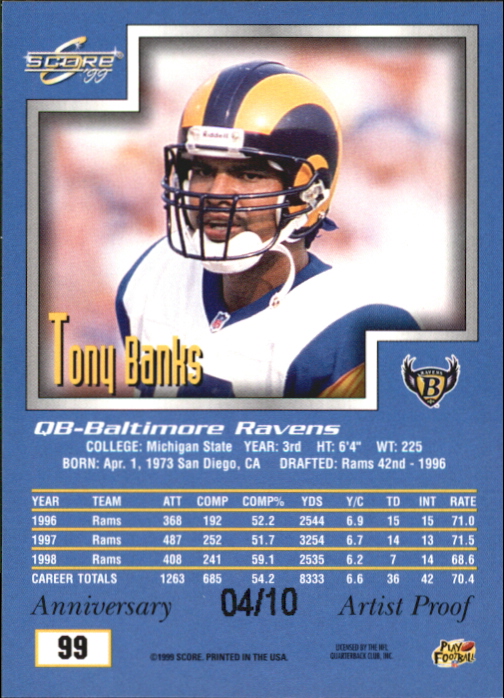 1999 Score Artist's Proofs #99 Tony Banks back image