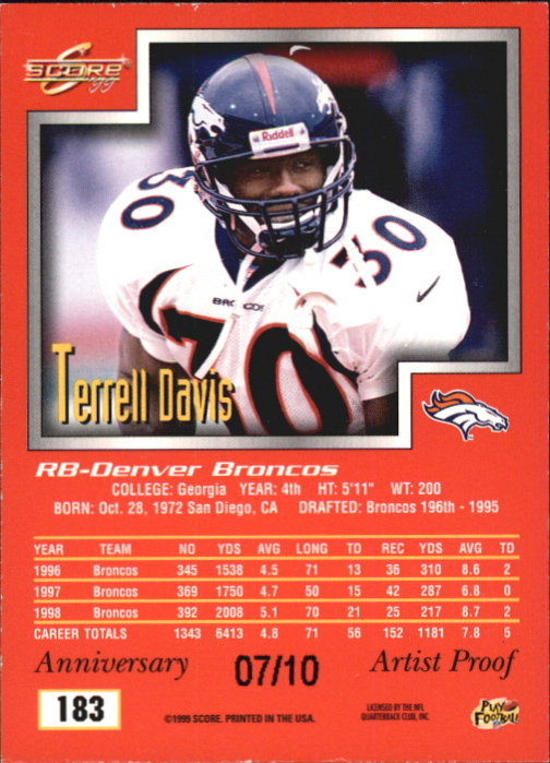 1999 Score Artist's Proofs #183 Terrell Davis back image