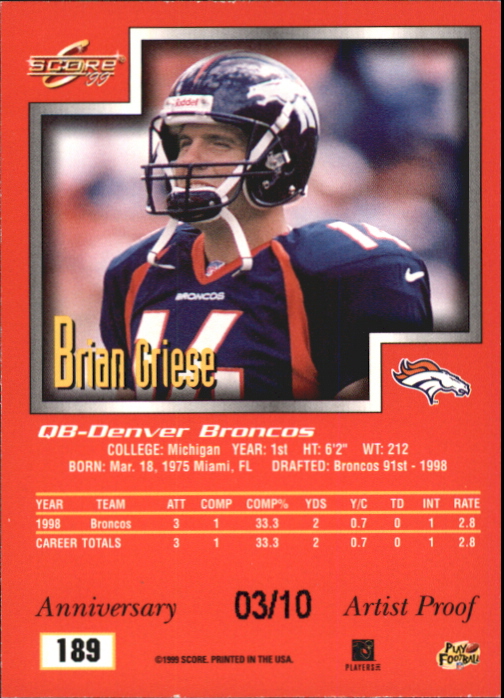 1999 Score Artist's Proofs #189 Brian Griese back image
