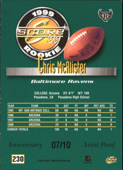 1999 Score Artist's Proofs #230 Chris McAlister back image