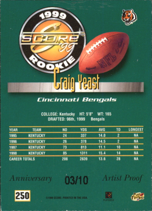 1999 Score Artist's Proofs #250 Craig Yeast back image
