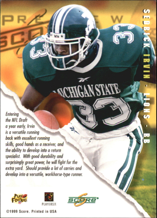 1999 Score Rookie Preview Autographs #16 Sedrick Irvin back image