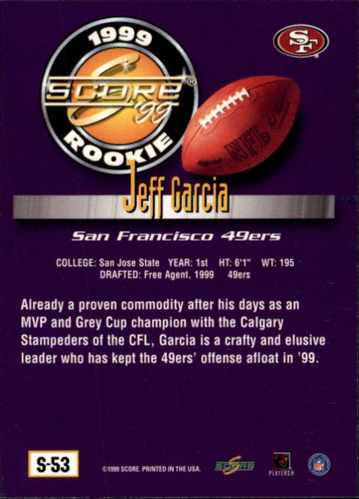 1999 Score Supplemental #S53 Jeff Garcia RC back image
