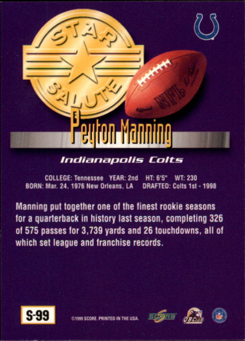 1999 Score Supplemental #S99 Peyton Manning SS back image