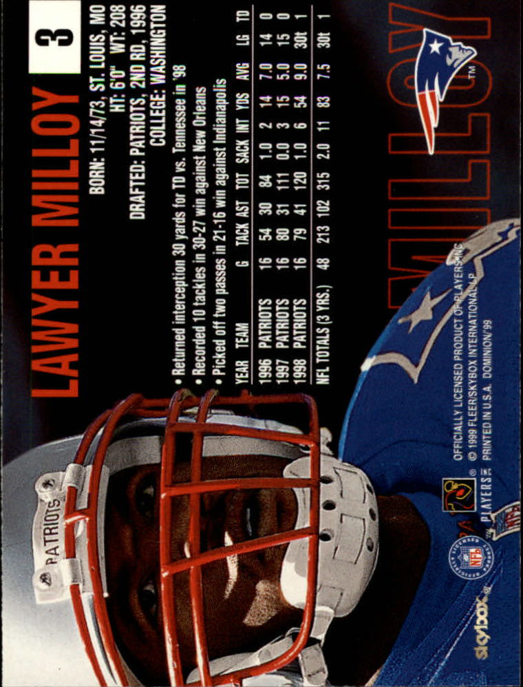 1999 SkyBox Dominion #3 Lawyer Milloy back image