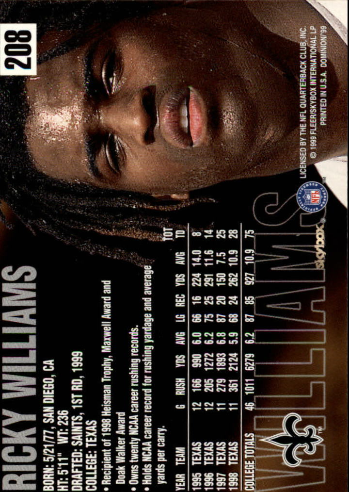 1999 SkyBox Dominion #208 Ricky Williams RC back image