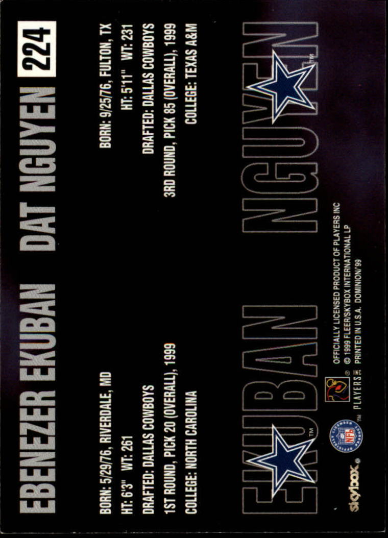1999 SkyBox Dominion #224 Ebenezer Ekuban RC/Dat Nguyen RC back image