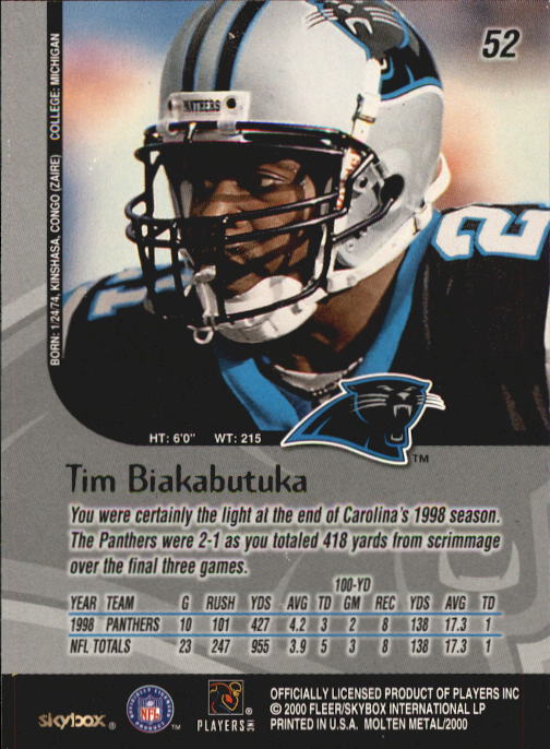 1999 SkyBox Molten Metal #52 Tim Biakabutuka back image