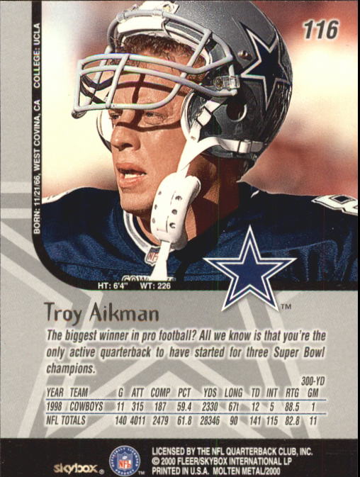 1999 SkyBox Molten Metal #116 Troy Aikman back image