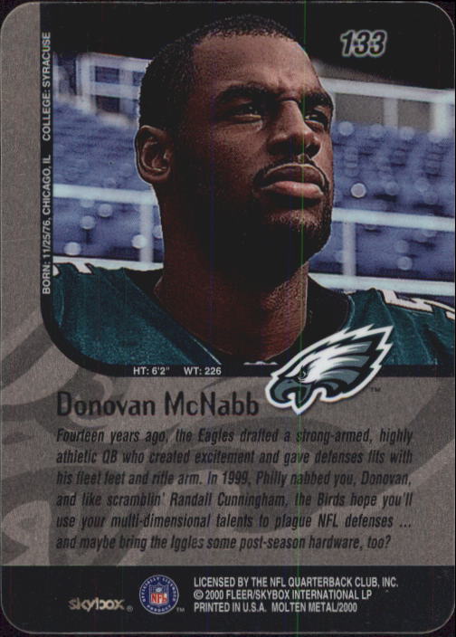 1999 SkyBox Molten Metal #133 Donovan McNabb RC back image