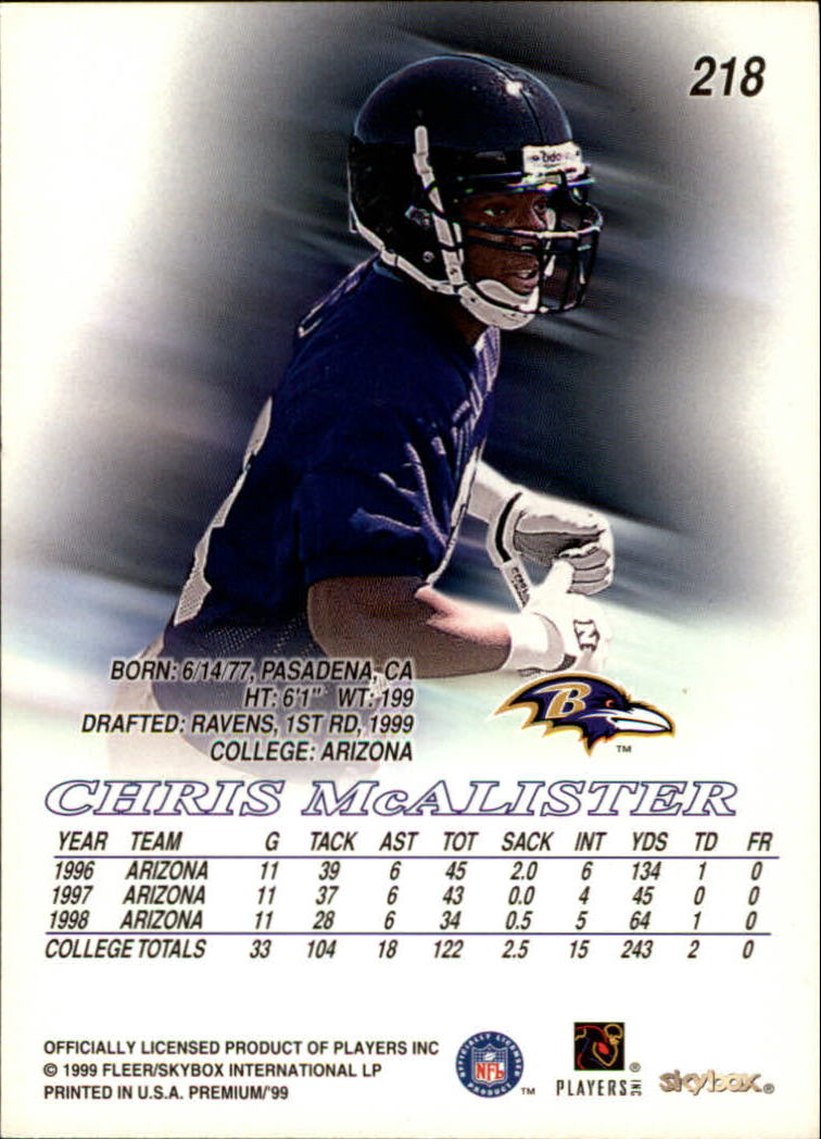 1999 SkyBox Premium #218 Chris McAlister RC back image