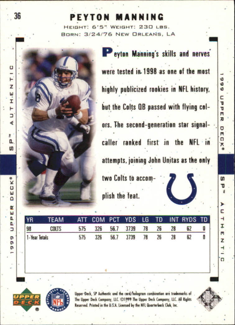 1999 SP Authentic #36 Peyton Manning back image