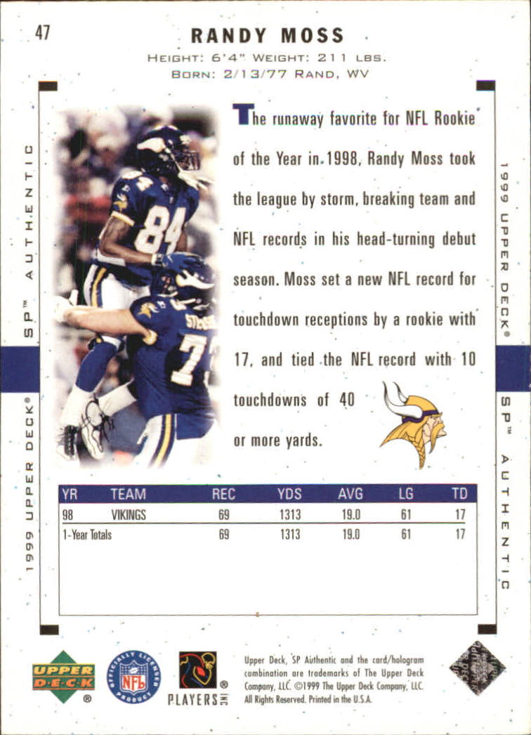 1999 SP Authentic #47 Randy Moss back image