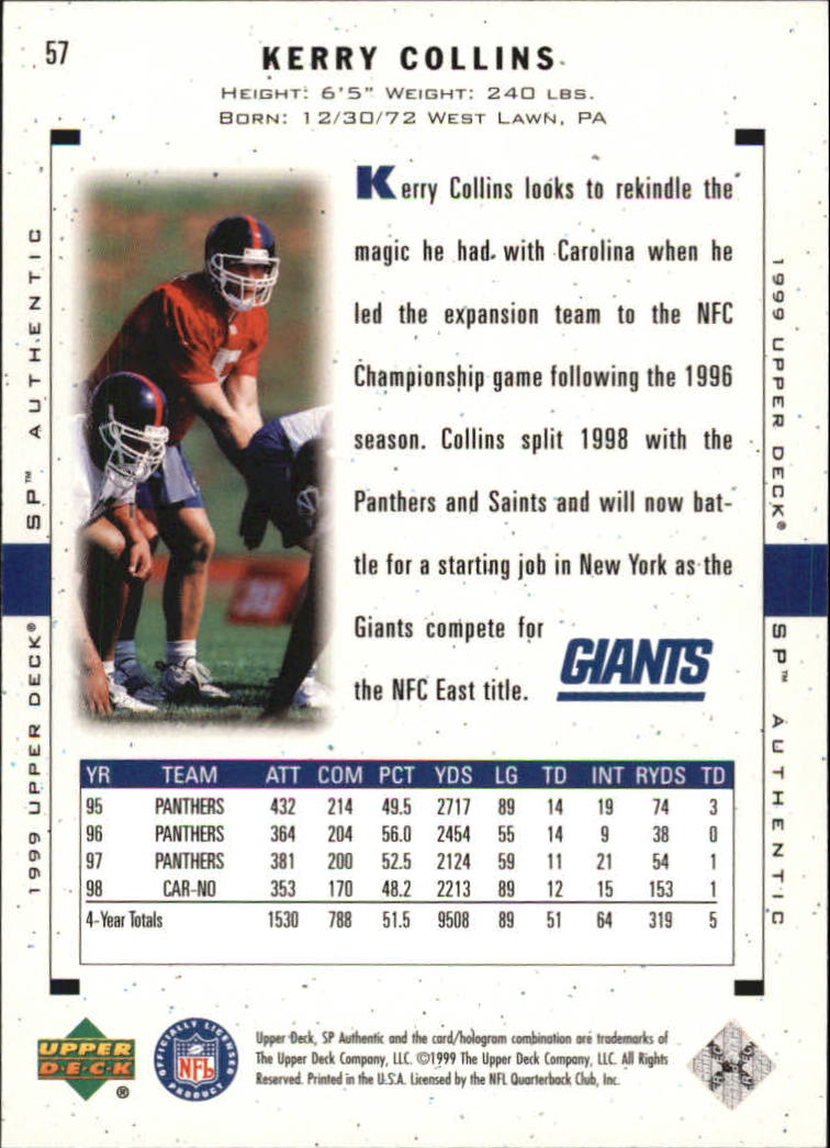 1999 SP Authentic #57 Kerry Collins back image