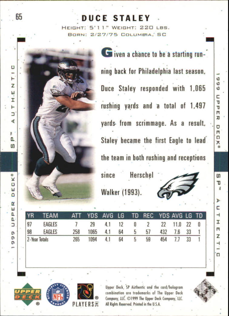 1999 SP Authentic #65 Duce Staley back image
