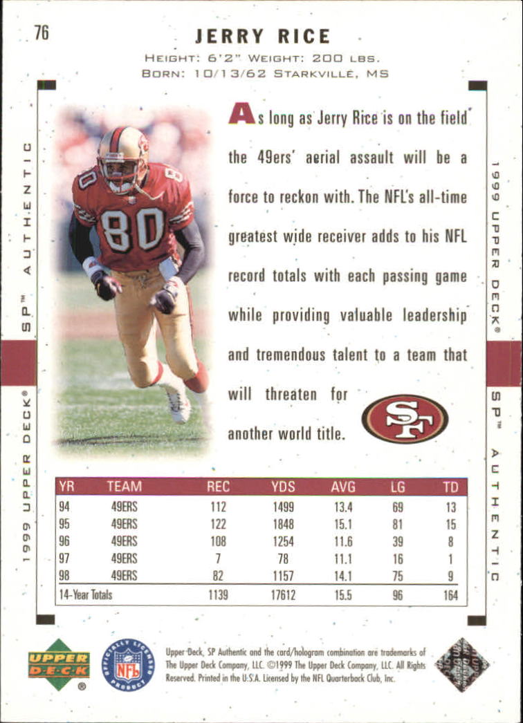 1999 SP Authentic #76 Jerry Rice back image