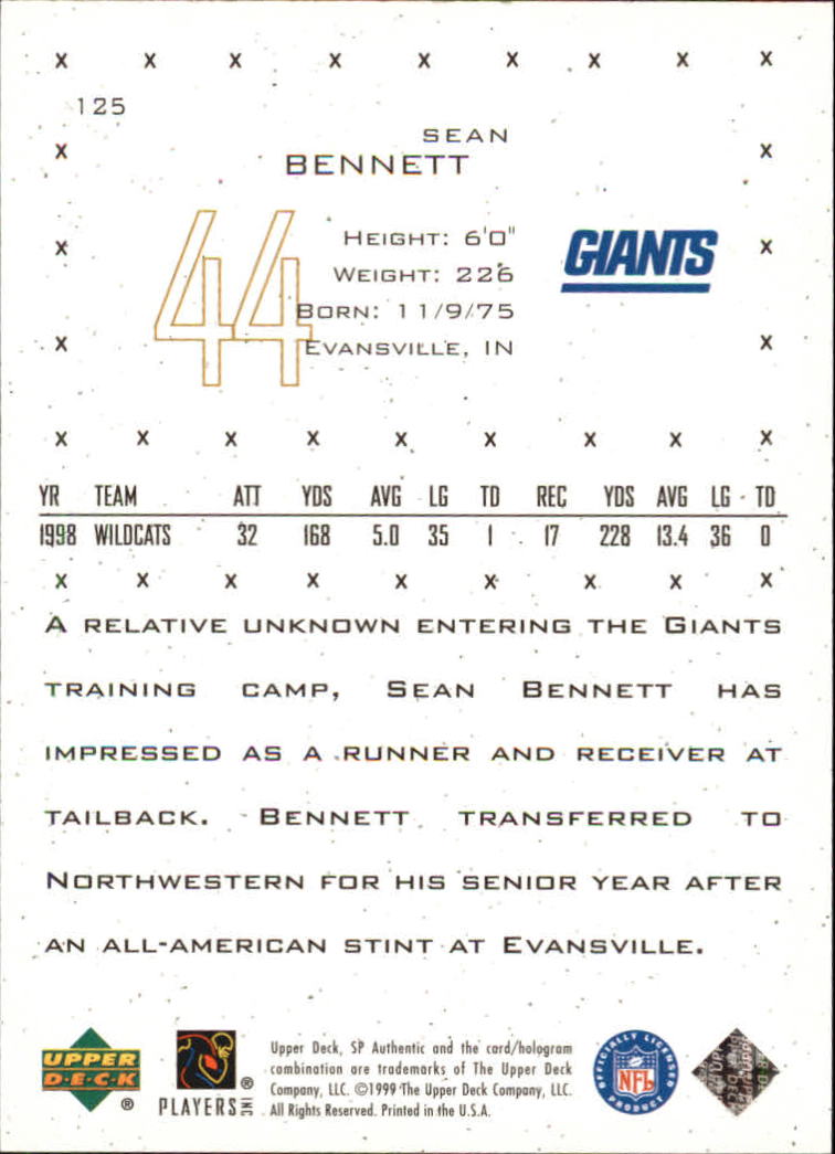 1999 SP Authentic #125 Sean Bennett RC back image