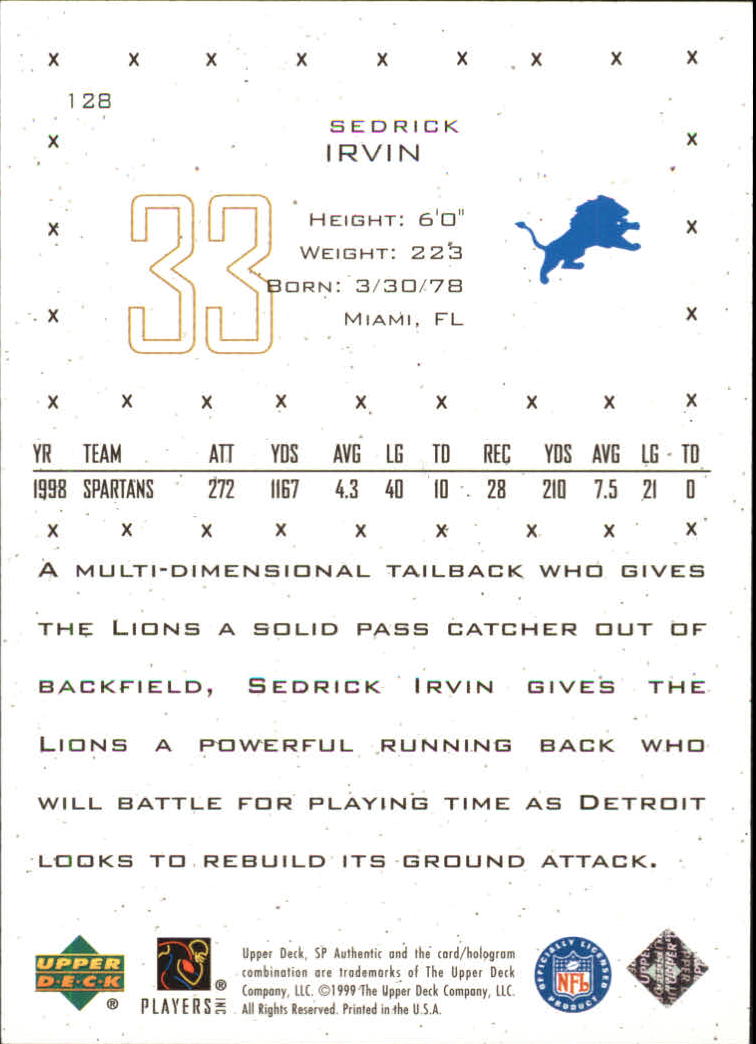 1999 SP Authentic #128 Sedrick Irvin RC back image