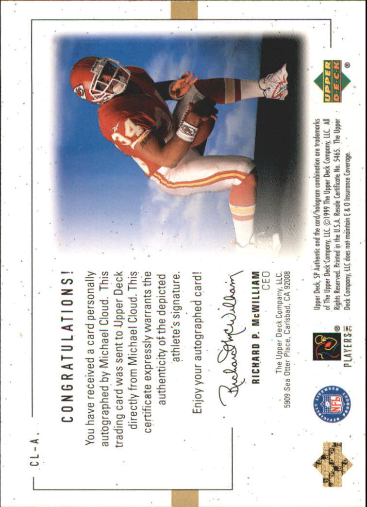1999 SP Authentic Player's Ink Purple #CLA Mike Cloud back image
