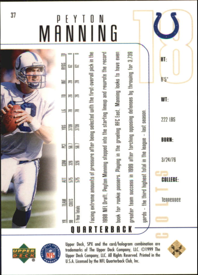 1999 SPx #37 Peyton Manning back image