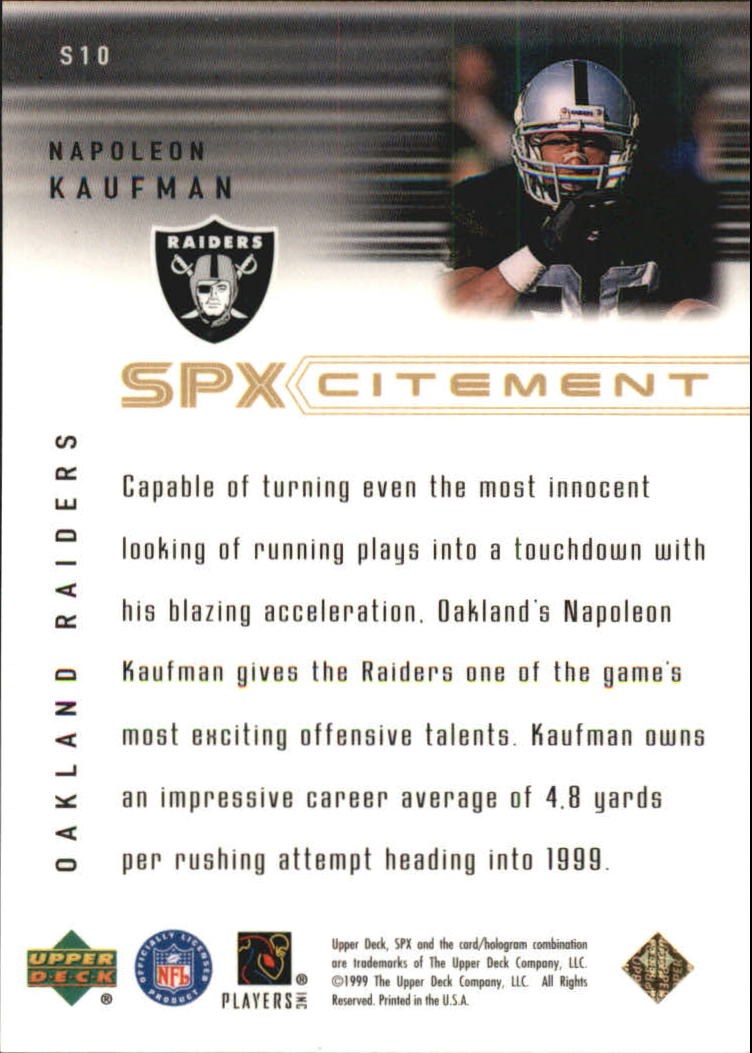 1999 SPx Spxcitement #S10 Napoleon Kaufman back image