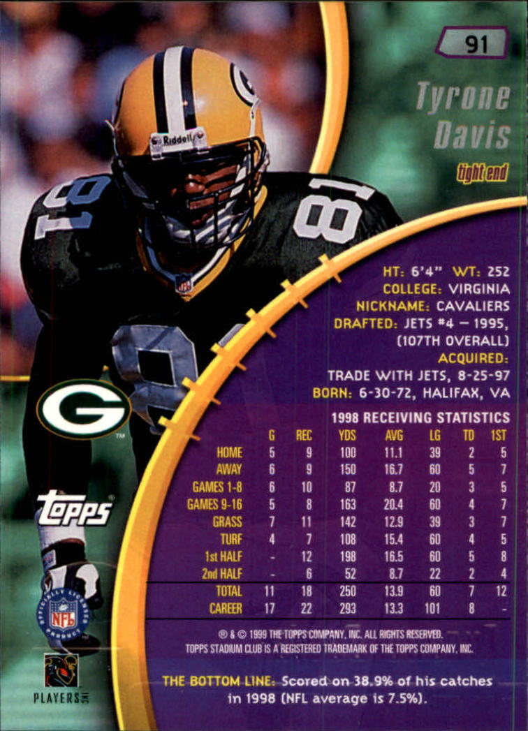 1999 Stadium Club #91 Tyrone Davis back image
