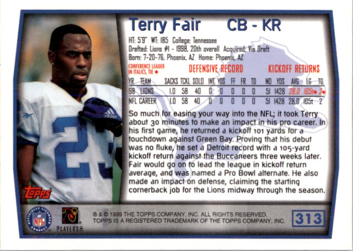 1999 Topps #313 Terry Fair back image