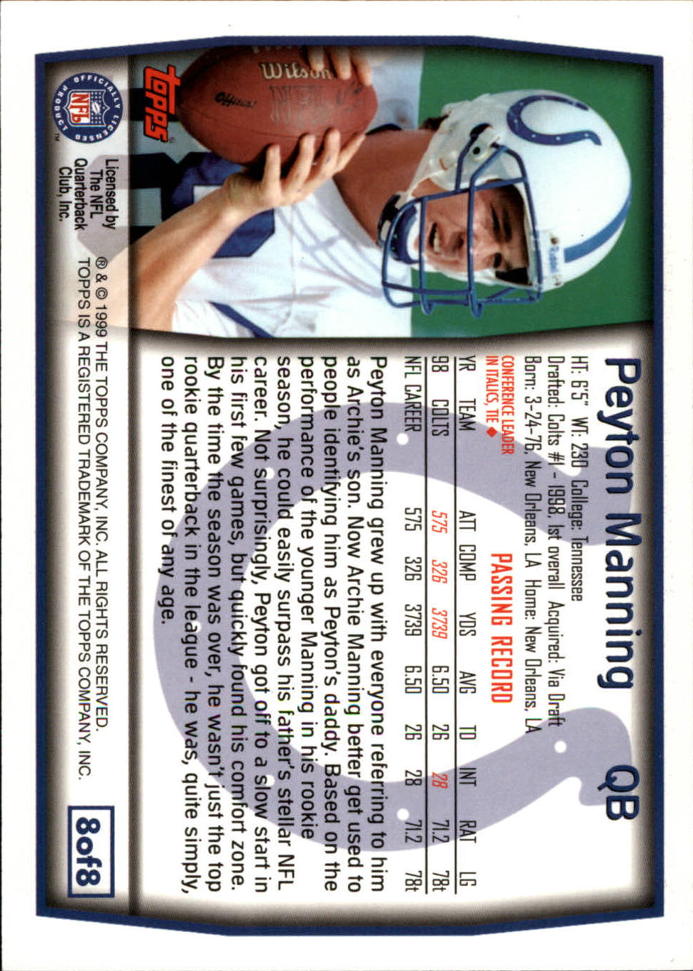 1999 Topps Jumbos #8 Peyton Manning back image
