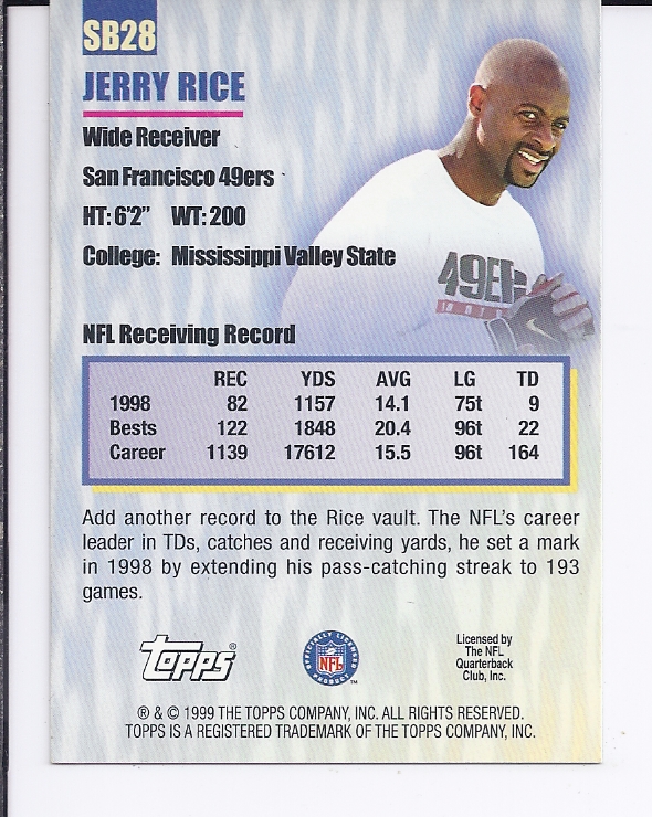 1999 Topps Season's Best #SB28 Jerry Rice back image
