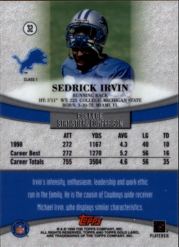 1999 Topps Gold Label Class 1 #32 Sedrick Irvin RC back image