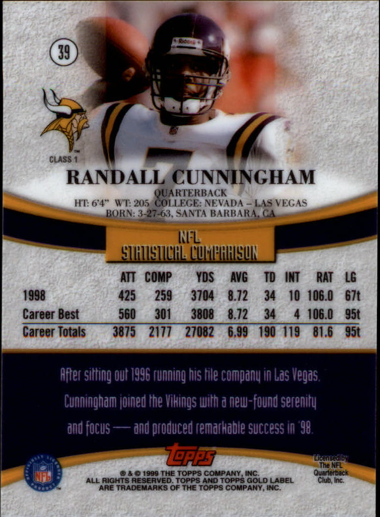 1999 Topps Gold Label Class 1 #39 Randall Cunningham back image