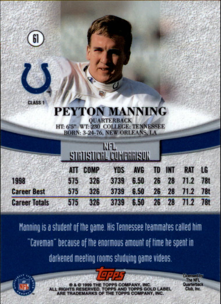 1999 Topps Gold Label Class 1 #61 Peyton Manning back image