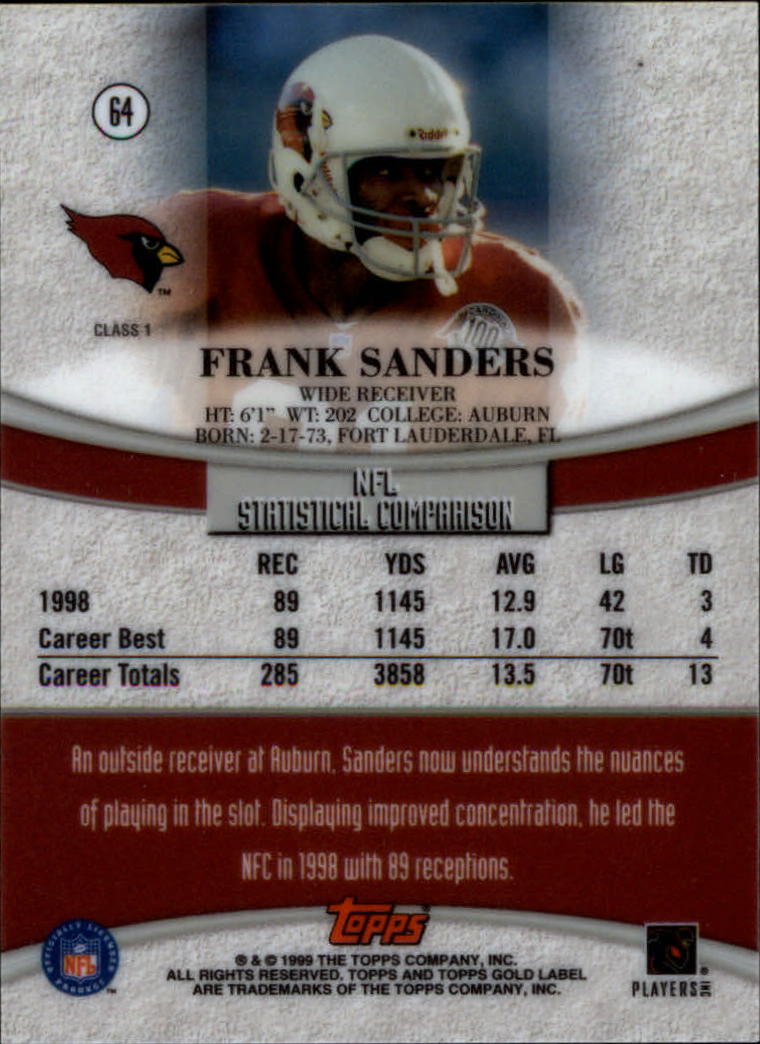 1999 Topps Gold Label Class 1 #64 Frank Sanders back image