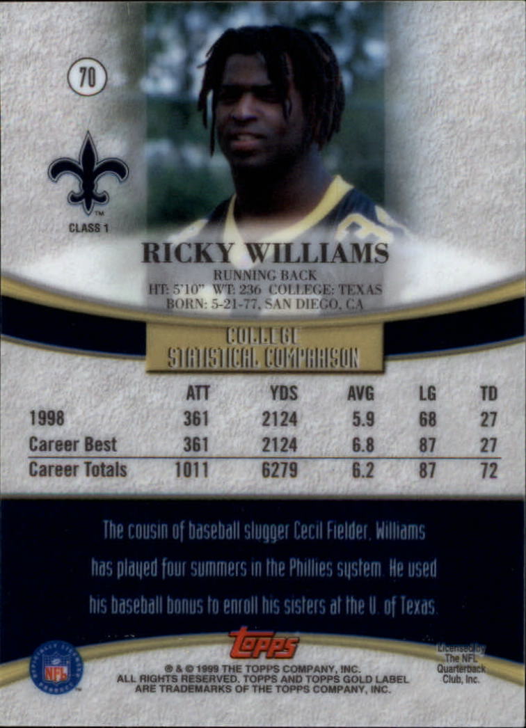 1999 Topps Gold Label Class 1 #70 Ricky Williams RC back image