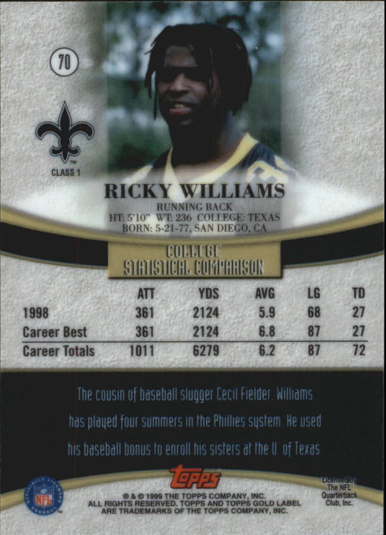 1999 Topps Gold Label Class 1 Black #70 Ricky Williams back image