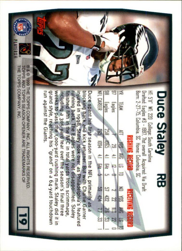 1999 Topps Season Opener #19 Duce Staley back image