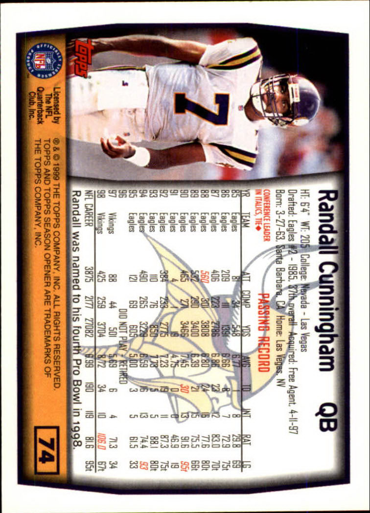 1999 Topps Season Opener #74 Randall Cunningham back image