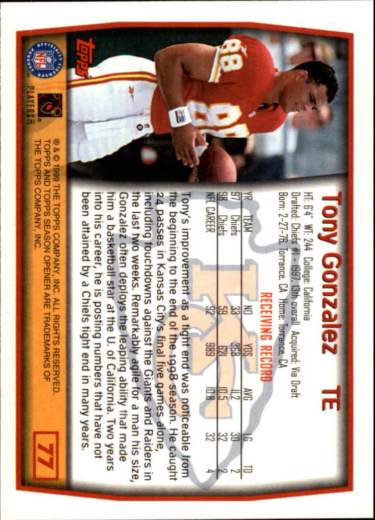 1999 Topps Season Opener #77 Tony Gonzalez back image