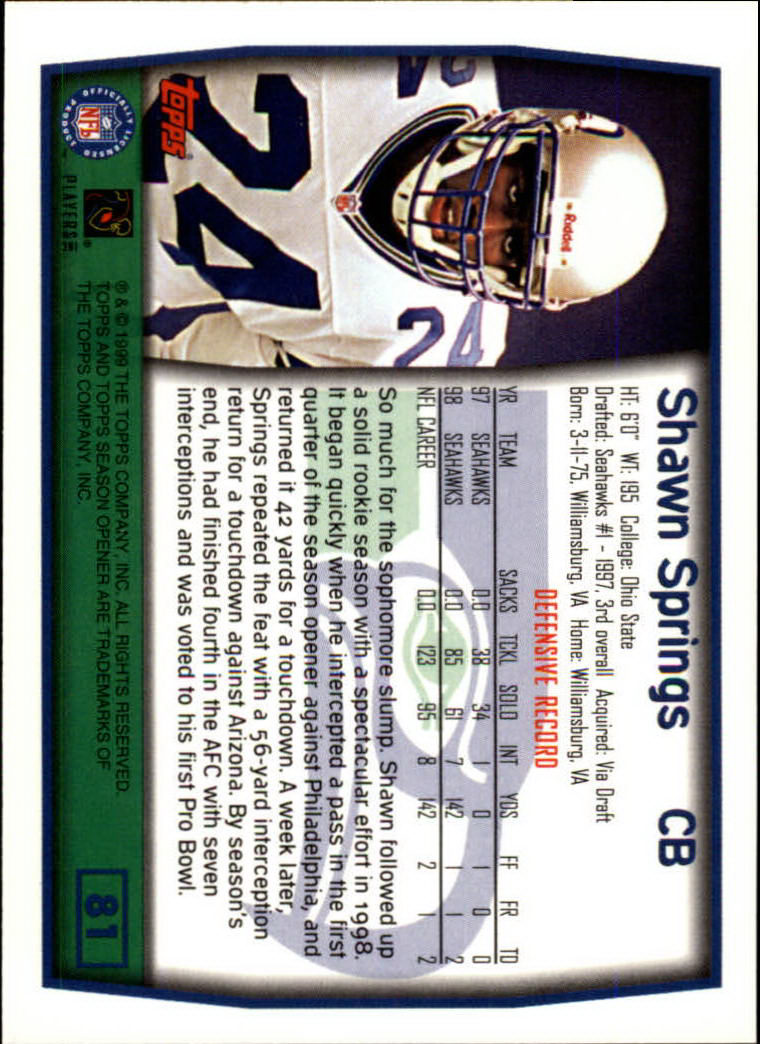 1999 Topps Season Opener #81 Shawn Springs back image