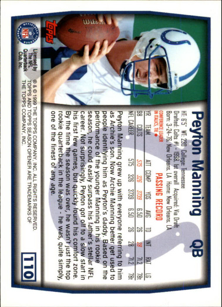 1999 Topps Season Opener #110 Peyton Manning back image