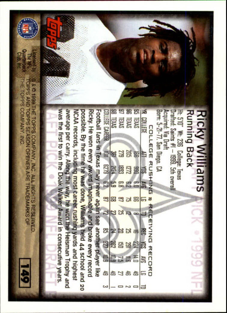 1999 Topps Season Opener #149 Ricky Williams RC back image