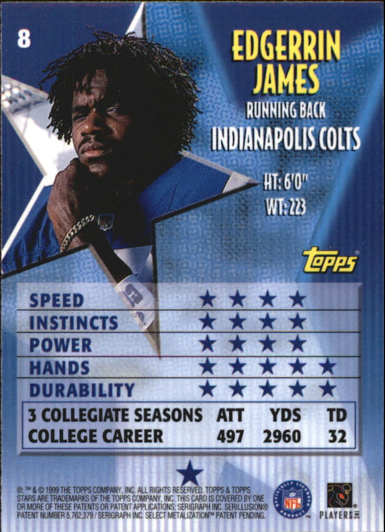 1999 Topps Stars #8 Edgerrin James RC back image
